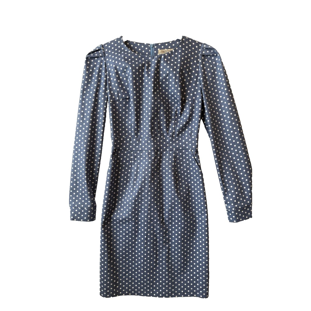 Olga Grinyuk Polka Dot Midi Dress Blue Long Sleeve Puff Shoulder Pleated XS Chic